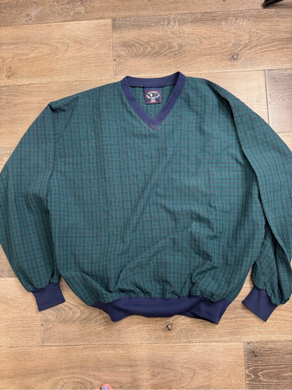 Vintage Starbus Green Plaid V-Neck Windbreaker with Navy Trim 1079